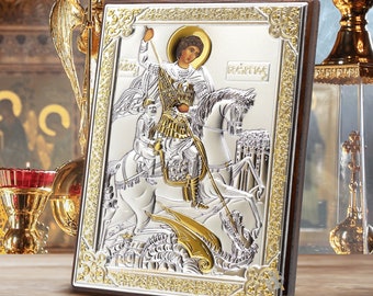 An authentic copy of a Byzantine sacred image, Orthodox icon of St, George the Victorious, patron of warriors and farmers