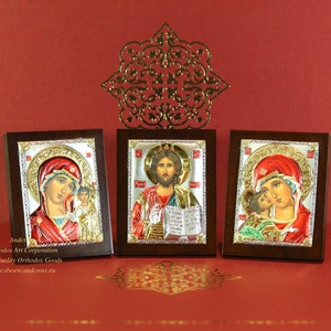Orthodox Icons Lord Jesus Christ. Mother of God Kazan. Mother of God Vladimir. Set of 3 icons. Silver Plated .999 ( 6.4cm X 5cm ) Handmade.