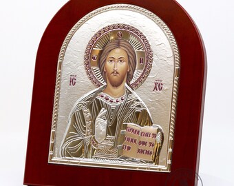 Orthodox Icon Lord Jesus Christ Pantocrator, Silver Plated 999