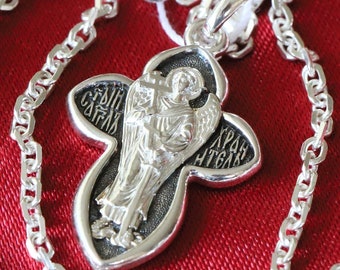 Christian Baptism Guardian Angel Cross Necklace Anchor Chain Set. Russian Orthodox Jewelry. Save And Protect Prayer. Sterling Silver 925