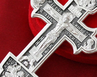 Big Russian Greek Orthodox Icon Body Prayer Cross Silver 925. Save And Protect Prayer