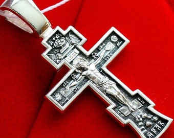 Sterling Silver Russian Orthodox Crucifix Necklace, Prayer Cross