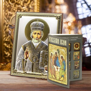 Saint Nicholas the Wonderworker / Handmade Christian Orthodox wood Icon 999 Silver Plated /Gift box / 12 rare postcards Russian Icon