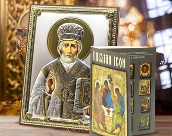 Saint Nicholas the Wonderworker / Handmade Christian Orthodox wood Icon 999 Silver Plated /Gift box / 12 rare postcards Russian Icon