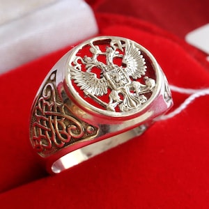 Orthodox Ring Double Headed Eagle Russian Federation Coat Christian Silver 925 Lacy Design Unisex , Spiritual Gift image 1