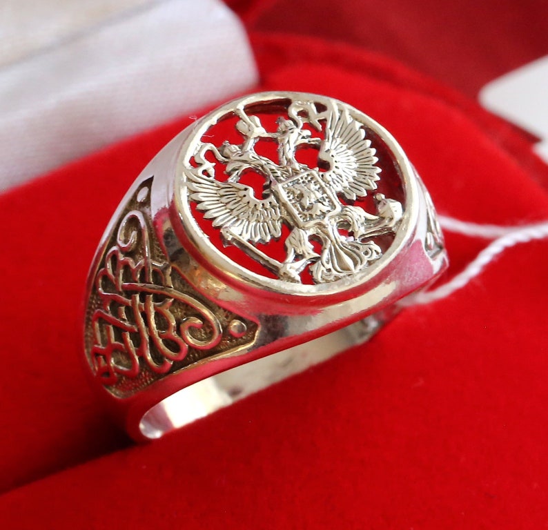 Orthodox Ring Double Headed Eagle Russian Federation Coat Christian Silver 925 Lacy Design Unisex , Spiritual Gift image 1