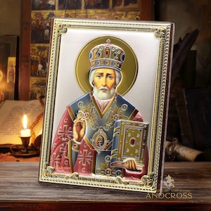 Handmade Wooden Orthodox Icon of Saint Nicholas, 999 Silver Plated, Religious Home Decor, Unique Christian Gift, Miracle Worker Icon