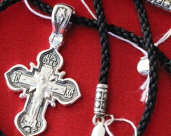 Mother Of God Kazan Greek Christian Religious Body Cross + Black Silk Cotton Neck Cord Baptism Set. Orthodox Jewelry. Silver 925