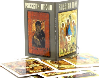 Collection of 12 rare icon cards Russian Icon, The titles of are written in five languages Russian, English, German, French, and Japanese