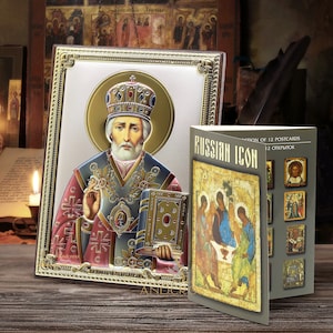 Saint Nicholas the Wonderworker / Handmade Orthodox Icon 999 Silver Plated / wood / Gift box /Christian Icon/ 12 rare postcards Russian icon