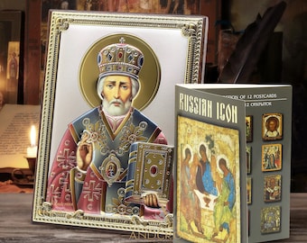 Saint Nicholas the Wonderworker / Handmade Orthodox Icon 999 Silver Plated / wood / Gift box /Christian Icon/ 12 rare postcards Russian icon