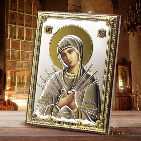 Madre de Dios de las Siete Flechas, Icono Ortodoxo Cristiano de Madera, 999 Plateado, Hecho a mano, Caja de regalo, Reina del Cielo Siete Flechas