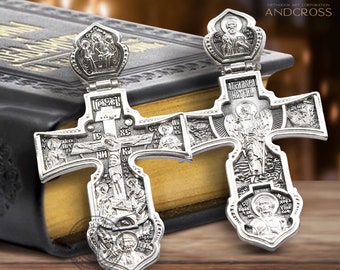 Silver 925 Cross Guardian Angel Rare Greek Orthodox Cross Protective Holy Apostles Peter Paul Andrew Holy Trinity St Nicholas  St Fyodor