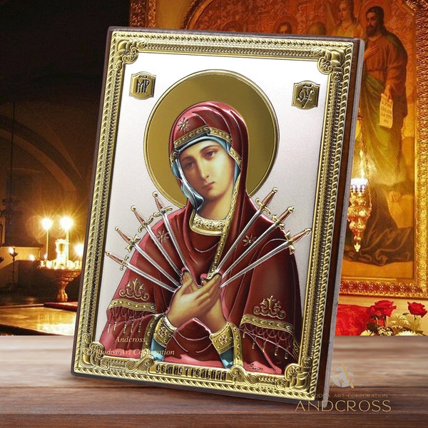 L'icône Theotokos des sept flèches / Icône chrétienne orthodoxe en bois plaqué argent 999 / Fait main / Coffret cadeau / Mère de Dieu