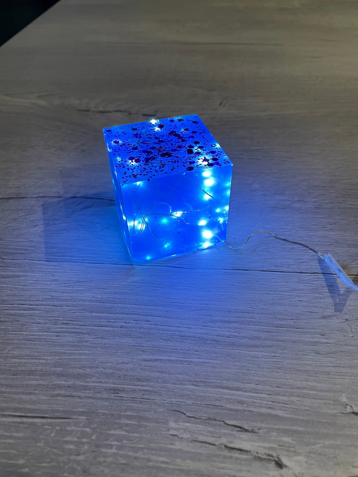 Unique Light up resin cube with purple sparkles. Etsy