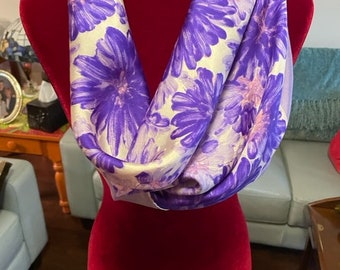 Purple Lady Scarf 26x26 bright shiny assembly of all shades of purple and violet trimmed with a lilac light border hangs great