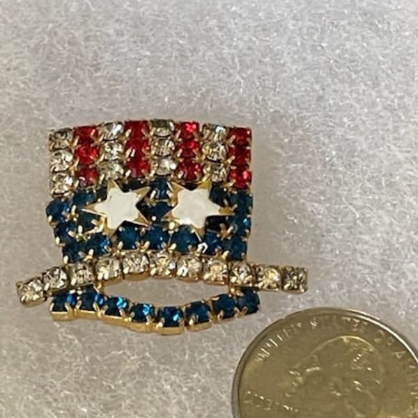 Red White Blue patriotic brooch in shape of Uncle Sams hat in flag colors