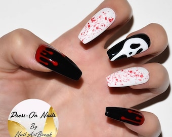 Bloody Press-On Nails / Halloween Glue-On Nails / Scream Nail Art / Fake Nails For Halloween / Bloody Nail Art / Scary Nails