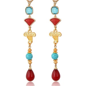 Eleana. Drop-earrings with a clamshell stud with a pearl on it, Ionic column, deep red and turquoise crystal, turquoise bead and maroon drop