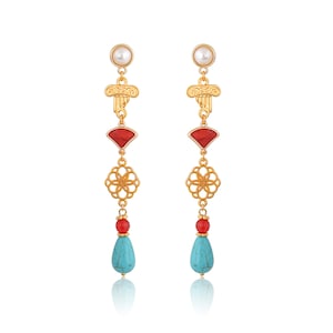 Filigree earrings with Ionic column, greek-chic, Grecian, woman, jewelry, turquoise howlite, jade, filigree, gold