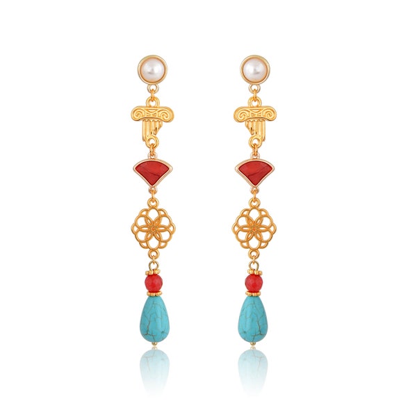 Filigree earrings with Ionic column, greek-chic, Grecian, woman, jewelry, turquoise howlite, jade, filigree, gold