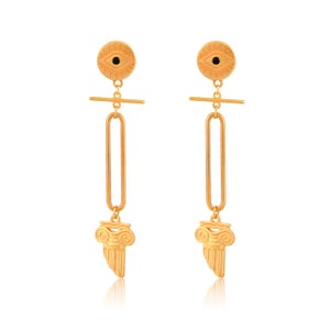 Evil-eye geometric earrings with ionic column, greek-chic, Grecian, woman&#39;s jewelry, gold, link,