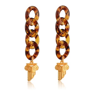 Tortoiseshell and Ionic column earrings, Greek-chic, jewelry, Grecian, tartarooga, curb chain, gold, tortoiseshell, bulky chain earrings