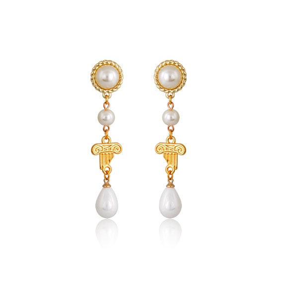 Chloe, Pearly Teardrop Column Earrings, Greek-chic, Jewelry