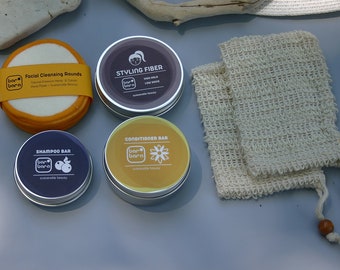 BUNDLE gift set Shampoo Conditioner bars cotton-hemp Rounds Soap Savers Styling fiber eco sample Zero-waste Plastic free Sustainable organic