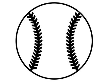 May include: A black and white outline of a baseball with stitching.