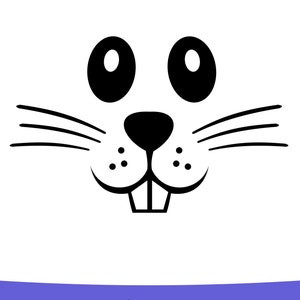 Op de afbeelding: Zwart-witte illustratie van een konijnengezicht met grote ogen, een kleine neus en twee tanden. Het konijn heeft snorharen.