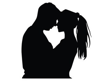 May include: Silhouette of a couple embracing, with the man on the left and the woman on the right. Their heads are touching, and they are looking at each other.