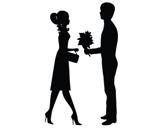 Couple Guy Giving Flowers SVG, Paar Blumen SVG, Süßes Paar Clip Art, Süße Paar Silhouette, Valentines Svg, enthält svg/png/dxf Dateien,