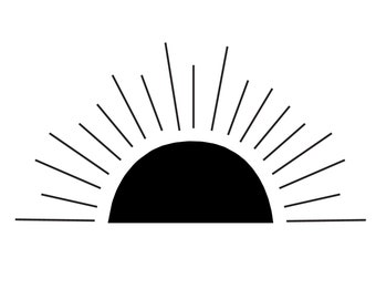 Op de afbeelding: Zwart-witte silhouet van een zon met stralen die er vanaf komen. De zon heeft de vorm van een halve cirkel.