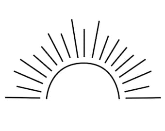 Op de afbeelding: Zwart-witte lijntekening van een gestileerde zon met stralen.