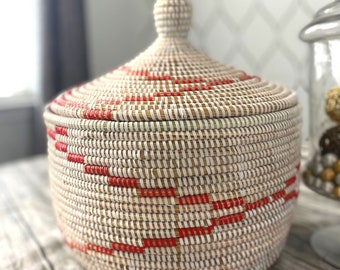 Large African Wicker Basket with Lid, Woven Picnic Basket, Small Senegalese Woven Basket, Medium Storage Basket, Red and White