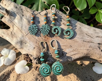 Tropical Vacation Jewelry Beach Wear Summer Fun Boho Earrings Handmade Artisan Bronze Patina Monstera Leaf Dangle Women Turquoise Beaded