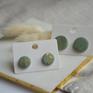 Boucles d'oreilles clous Golden Mint en pâte polymère, menthe, rond doré image 6