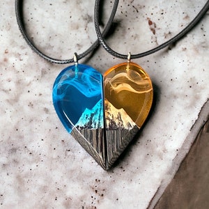 Heart Couples Necklace, Birthday gift, Mountain Couple jewelry, Wood resin pendant, Gifts, Best Friend Necklace, phosphorus necklace