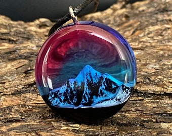Aurora borealis Wood resin jewelry , Northern lights necklace , Phosphorus Mountain , glow in the dark  pendant ,nordlicht gift necklace