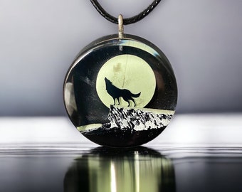 Glow in the Dark Wolf Necklace: Full Moon Resin Pendant