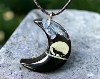 Crescent Moon Wolf Necklace: Glow in the Dark Pendant, Mystical Jewelry