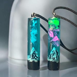 Couple Northern lights necklace , Aurora borealis Wood resin jewelry , Phosphorus Mountain necklace, glow in the dark  pendant , Gift