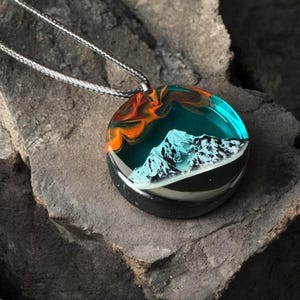 Phosphorus Mountain , Aurora borealis Wood resin jewelry , Northern lights necklace , glow in the dark  pendant ,nordlicht gift necklace