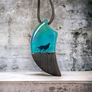 Wolf Necklace , Claw Wood Necklace , Northern Lights jewelry , aurora borealis wolf pendant, Wood resin necklace  , Birthday gift necklace