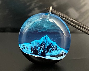 Winter Wood Mountain pendant, Aurora borealis Wood resin jewelry , Northern lights necklace ,  Phosphorus , glow in the dark  pendant , Gift
