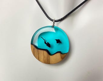 Wood Resin Scuba Diver Necklace: Ocean Dive Ornament