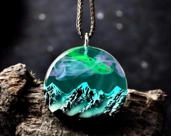 Northern lights necklace , Aurora borealis Wood resin jewelry , Phosphorus Mountain necklace, glow in the dark  pendant , Gift necklace