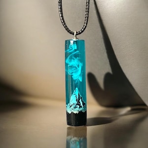 Aurora Borealis Wood Resin Pendant: Glow in the Dark Mountain Necklace