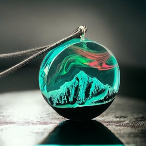 Aurora borealis Wood resin jewelry , Northern lights necklace , Phosphorus Mountain necklace, glow in the dark  pendant , Gift necklace